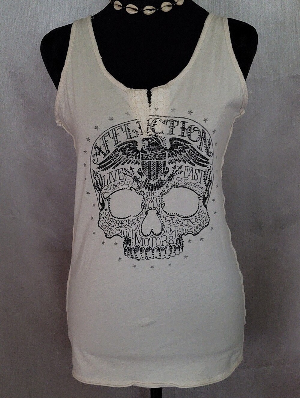 Affliction Cream Graphic Skull Tank Top